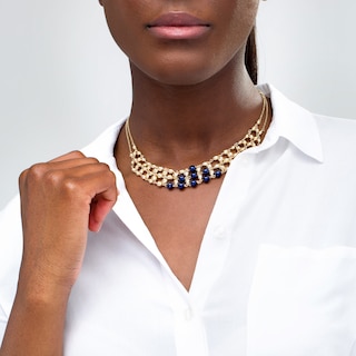 Navy Blue Enamel and Diamond-Cut Bead Bib Necklace in 14K Gold