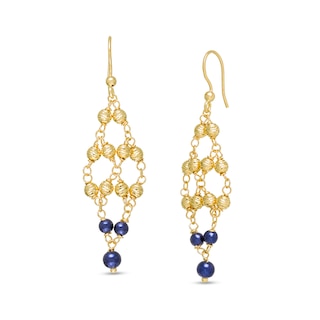 Navy Blue Enamel and Diamond-Cut Bead Drop Earrings in 14K Gold