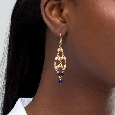 Navy Blue Enamel and Diamond-Cut Bead Drop Earrings in 14K Gold