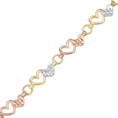 Interlocking Hearts Link Bracelet in 10K Tri-Tone Gold - 7.25"