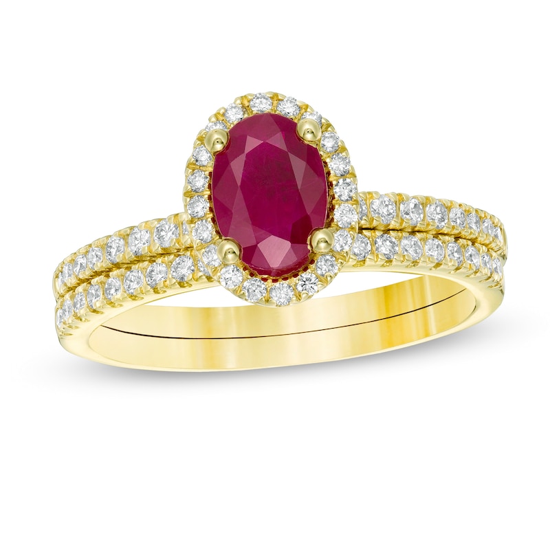 Oval Ruby and 0.33 CT. T.W. Diamond Frame Bridal Set in 14K Gold|Peoples Jewellers