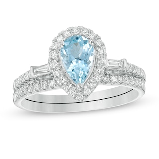 Pear-Shaped Aquamarine and 0.40 CT. T.W. Diamond Frame Bridal Set in 14K White Gold