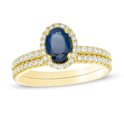 Oval Sapphire and 0.33 CT. T.W. Diamond Frame Bridal Set in 14K Gold