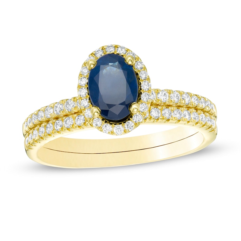 Oval Sapphire and 0.33 CT. T.W. Diamond Frame Bridal Set in 14K Gold|Peoples Jewellers