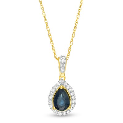 Pear-Shaped Blue Sapphire and 0.08 CT. T.W. Diamond Frame Pendant in 10K Gold