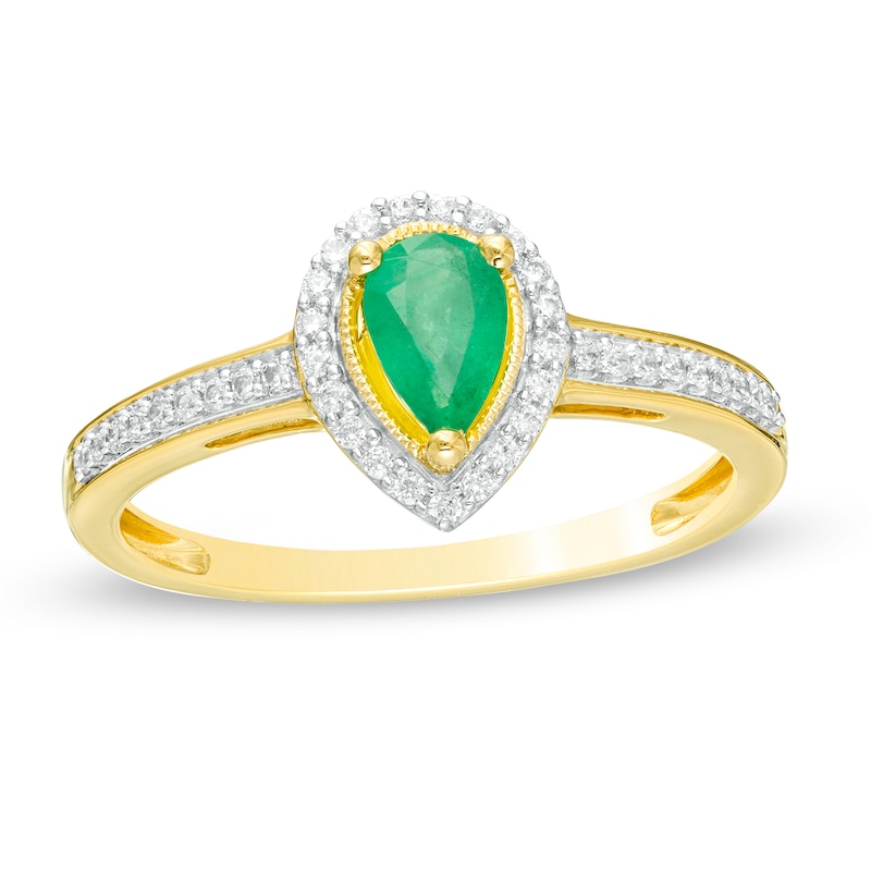 Pear-Shaped Emerald and 0.10 CT. T.W. Diamond Frame Ring in 10K Gold|Peoples Jewellers