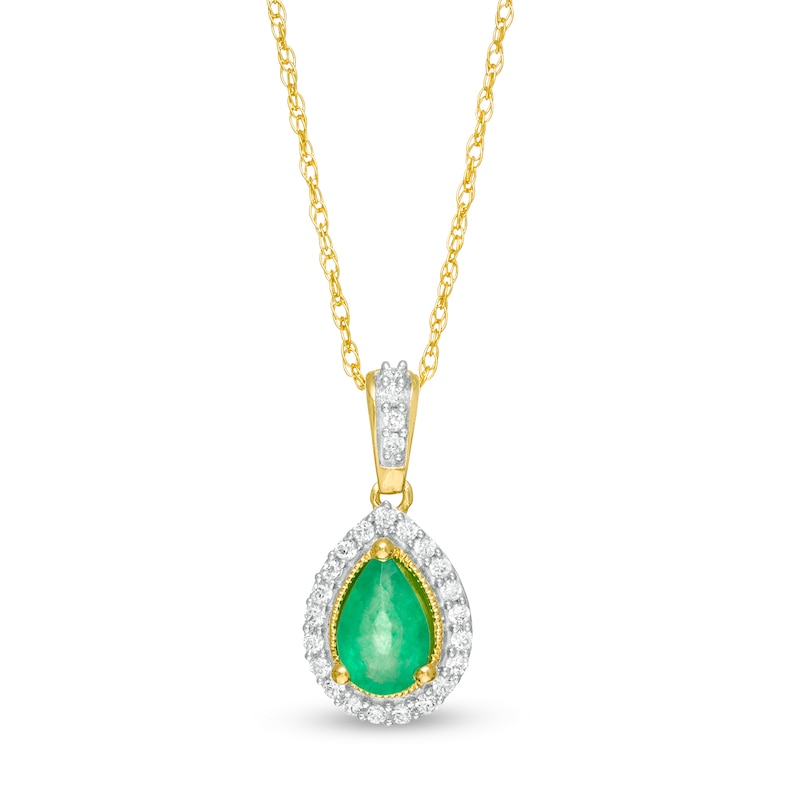 Pear-Shaped Emerald and 0.08 CT. T.W. Diamond Frame Pendant in 10K Gold|Peoples Jewellers