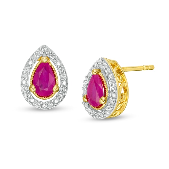 Pear-Shaped Ruby and 0.07 CT. T.W. Diamond Frame Vintage-Style Stud Earrings in 10K Gold