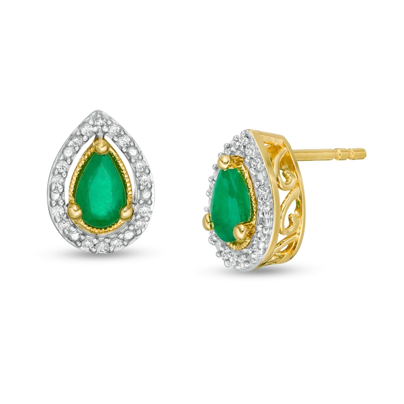 Pear-Shaped Emerald and 0.07 CT. T.W. Diamond Frame Vintage-Style Stud Earrings in 10K Gold|Peoples Jewellers