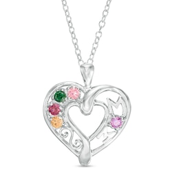 Mother's Birthstone &quot;MOM&quot; Filigree Loop Heart Pendant (2-7 Stones)