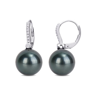 11.0-12.0mm Black Tahitian Cultured Pearl and 0.12 CT. T.W. Diamond Drop Earrings in 10K White Gold