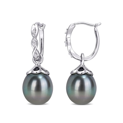 9.0-9.5mm Baroque Black Tahitian Cultured Pearl and Diamond Accent Dangle Drop Earrings in 10K White Gold