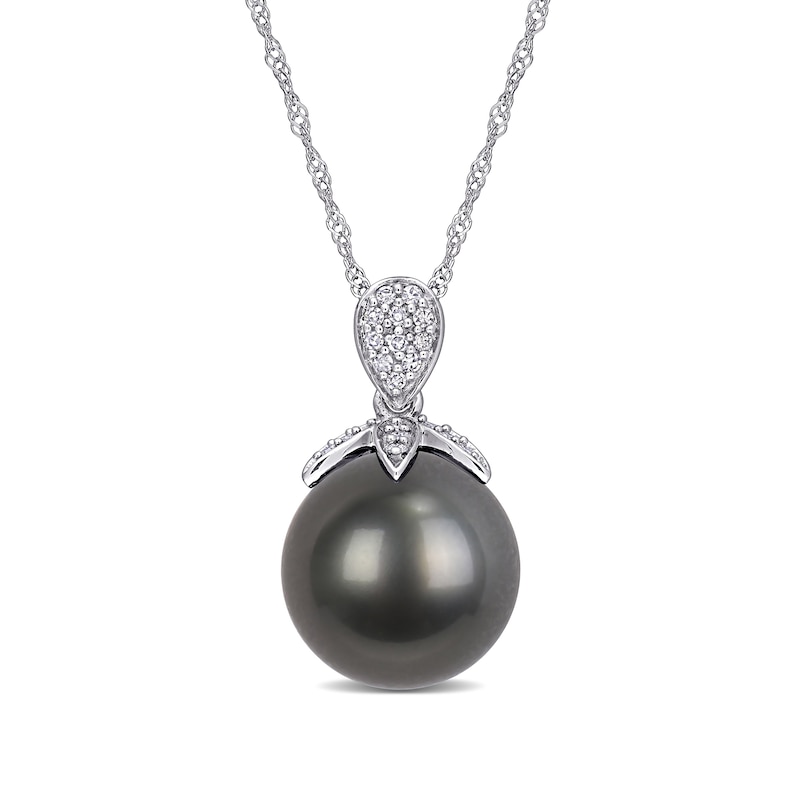 11.0-12.0mm Black Tahitian Cultured Pearl and 0.10 CT. T.W. Composite Diamond Drop Pendant in 10K White Gold-17"