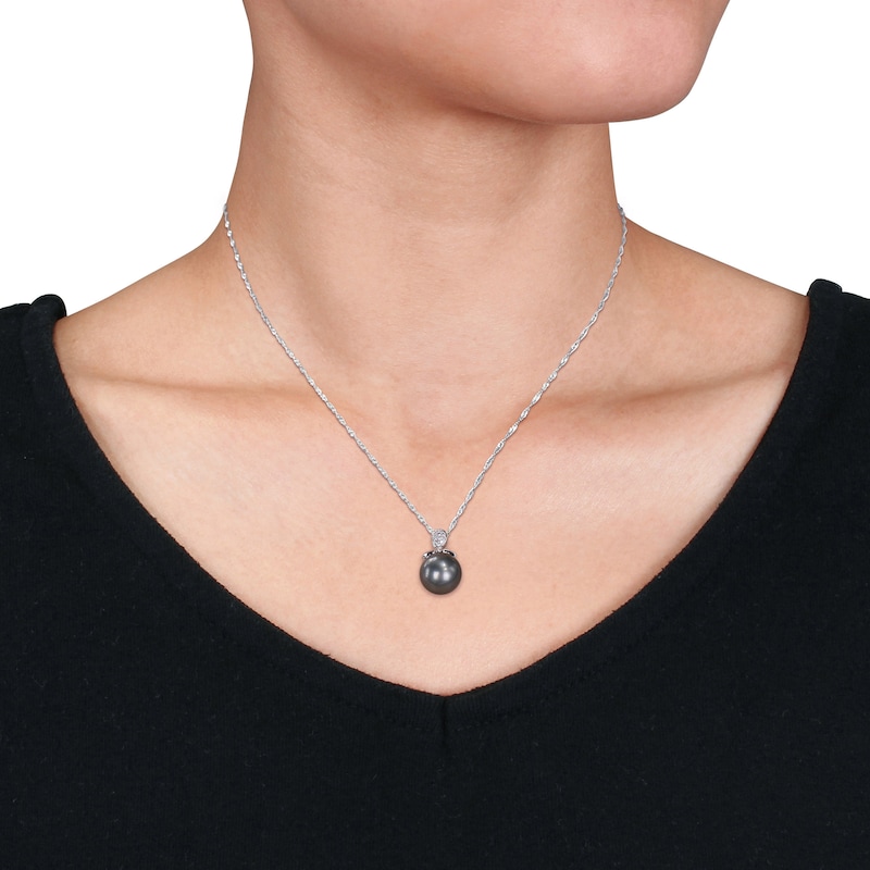 11.0-12.0mm Black Tahitian Cultured Pearl and 0.10 CT. T.W. Composite Diamond Drop Pendant in 10K White Gold-17"|Peoples Jewellers
