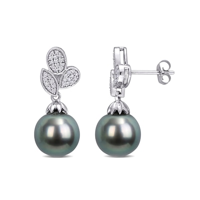 Baroque Black Tahitian Cultured Pearl and 0.19 CT. T.W. Composite Diamond Leaves Drop Earrings in 10K White Gold