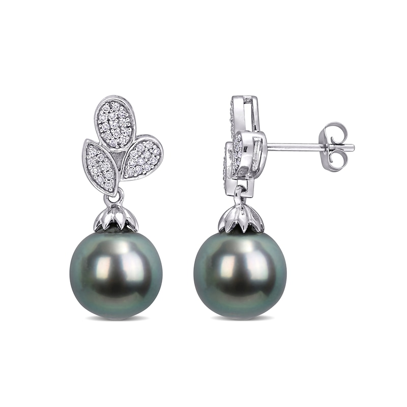 Baroque Black Tahitian Cultured Pearl and 0.19 CT. T.W. Composite Diamond Leaves Drop Earrings in 10K White Gold|Peoples Jewellers