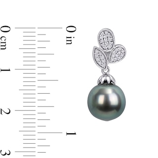 Baroque Black Tahitian Cultured Pearl and 0.19 CT. T.W. Composite Diamond Leaves Drop Earrings in 10K White Gold