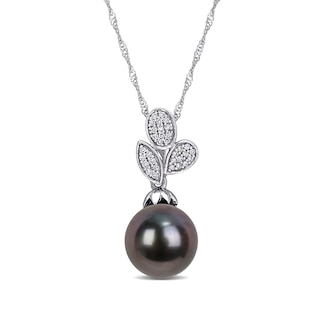 9.0-9.5mm Baroque Black Tahitian Cultured Pearl and 0.09 CT. T.W. Diamond Leaves Pendant in 10K White Gold-17"