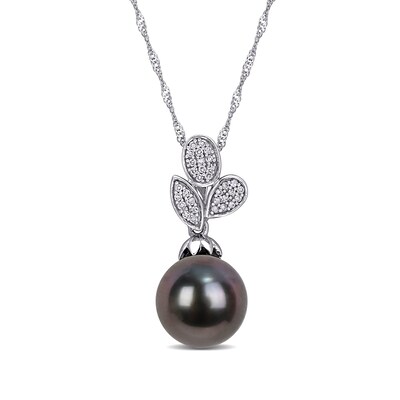 9.0-9.5mm Baroque Black Tahitian Cultured Pearl and 0.09 CT. T.W. Diamond Leaves Pendant in 10K White Gold-17"