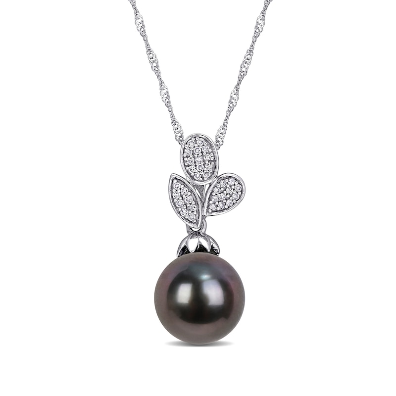 9.0-9.5mm Baroque Black Tahitian Cultured Pearl and 0.09 CT. T.W. Diamond Leaves Pendant in 10K White Gold-17"|Peoples Jewellers