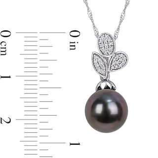 9.0-9.5mm Baroque Black Tahitian Cultured Pearl and 0.09 CT. T.W. Diamond Leaves Pendant in 10K White Gold-17"