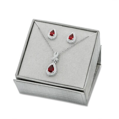 Pear-Shaped Garnet and Diamond Accent Teardrop Frame Pendant and Stud Earrings Set in Sterling Silver