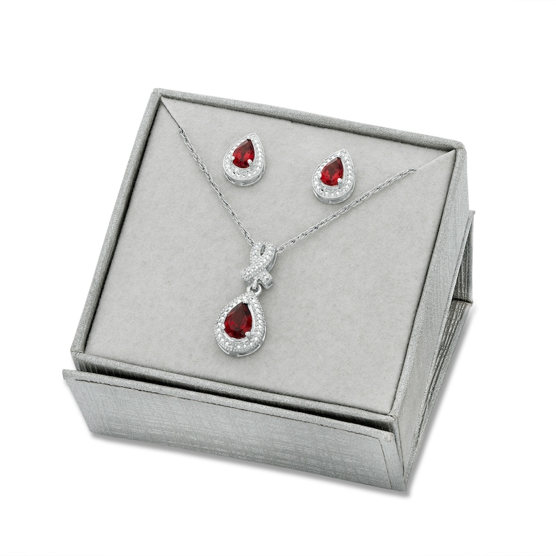 Pear-Shaped Garnet and Diamond Accent Teardrop Frame Pendant and Stud Earrings Set in Sterling Silver|Peoples Jewellers