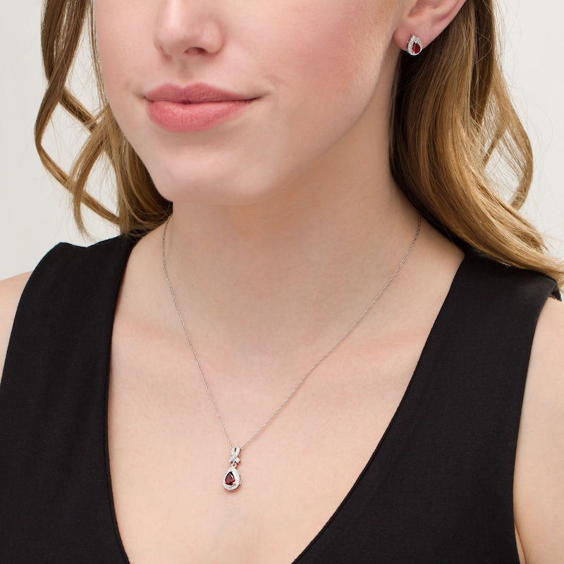 Main Image 4 of Pear-Shaped Garnet and Diamond Accent Teardrop Frame Pendant and Stud Earrings Set in Sterling Silver