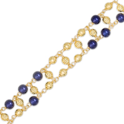 Navy Blue Enamel and Diamond-Cut Bead Bracelet in 14K Gold - 7.75"