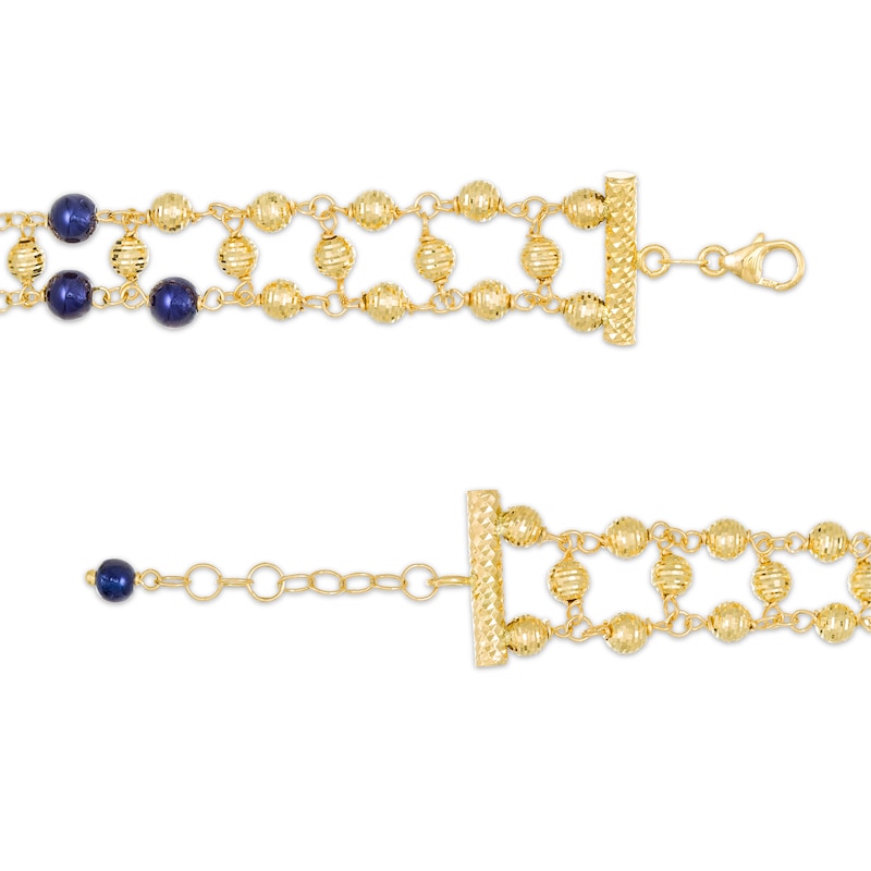 Navy Blue Enamel and Diamond-Cut Bead Bracelet in 14K Gold - 7.75"