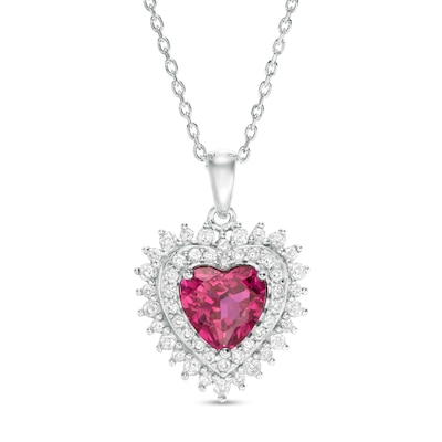 7.0mm Lab-Created Ruby and White Sapphire Starburst Frame Heart Pendant in Sterling Silver