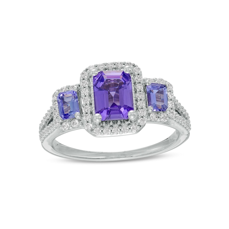 Emerald-Cut Tanzanite and 0.33 CT. T.W. Diamond Frame Three Stone Split Shank Engagement Ring in 14K White Gold|Peoples Jewellers
