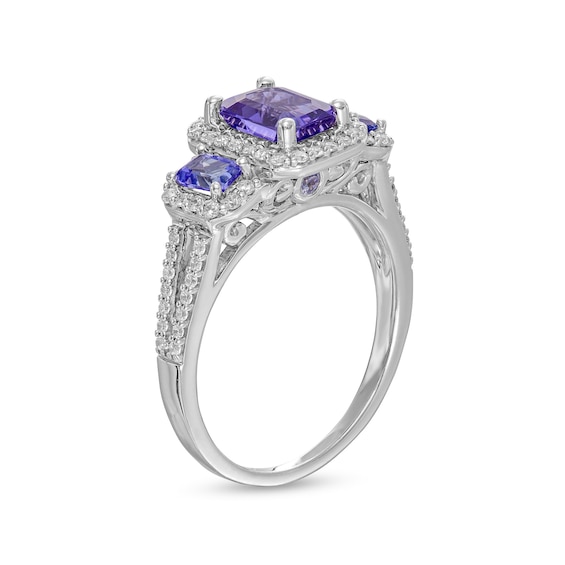 Emerald-Cut Tanzanite and 0.33 CT. T.W. Diamond Frame Three Stone Split Shank Engagement Ring in 14K White Gold