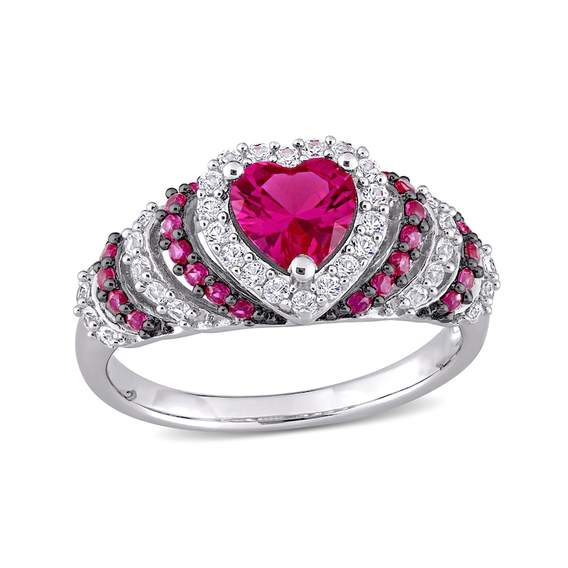 6.0mm Heart-Shaped Lab-Created Ruby and White Sapphire Ripple Shank Ring in Sterling Silver