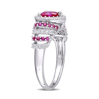 6.0mm Heart-Shaped Lab-Created Ruby and White Sapphire Ripple Shank Ring in Sterling Silver