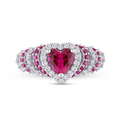 6.0mm Heart-Shaped Lab-Created Ruby and White Sapphire Ripple Shank Ring in Sterling Silver