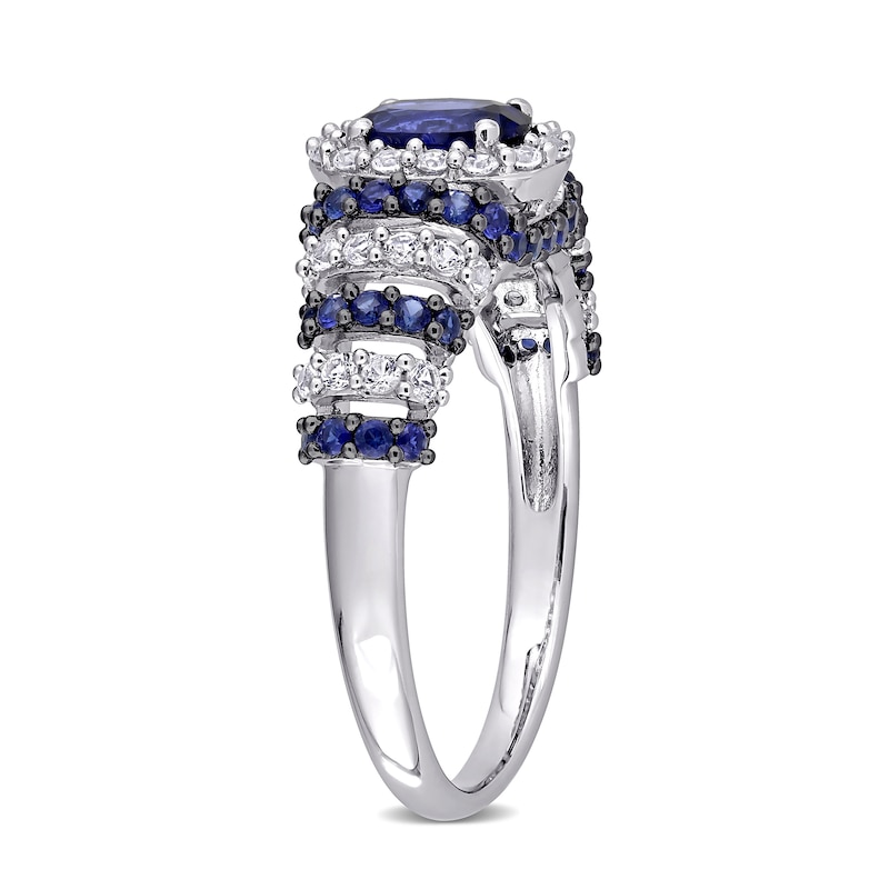 Oval Lab-Created Blue and White Sapphire Ripple Shank Ring in Sterling Silver|Peoples Jewellers