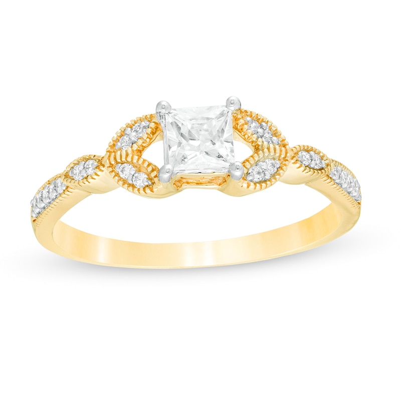 0.37 CT. T.W. Princess-Cut Diamond Leaf Sides Vintage-Style Engagement Ring in 10K Gold