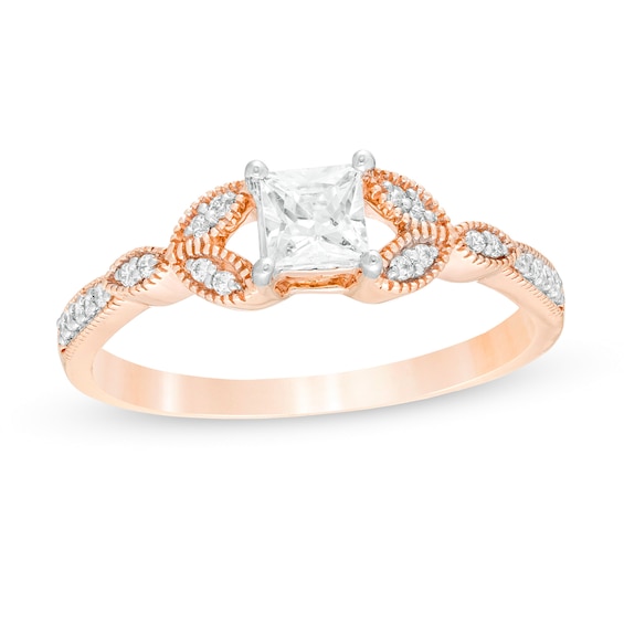 0.37 CT. T.W. Princess-Cut Diamond Leaf Sides Vintage-Style Engagement Ring in 10K Rose Gold