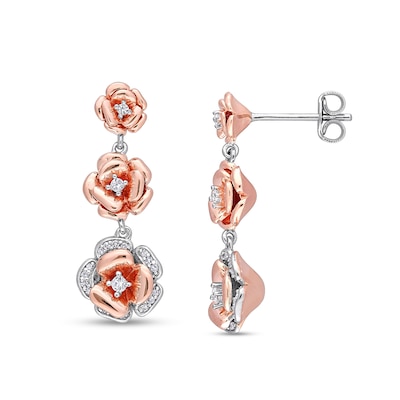 Lab-Created White Sapphire and 0.10 CT. T.W. Diamond Flower Trio Drop Earrings in Sterling Silver and Rose Rhodium