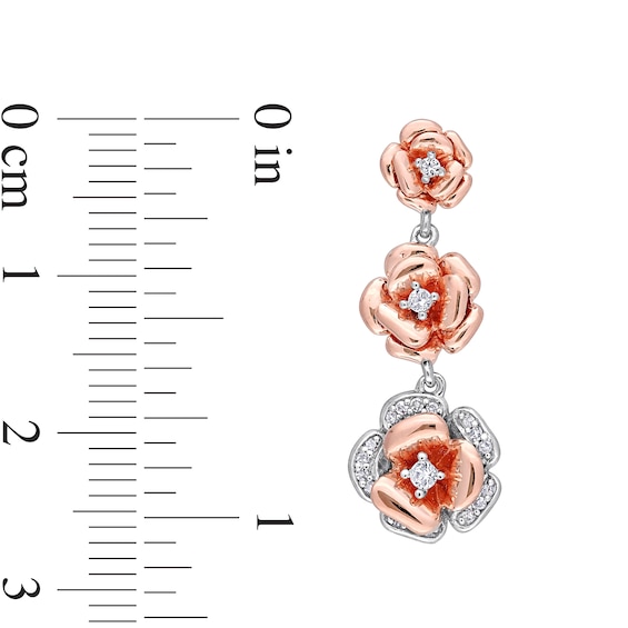 Lab-Created White Sapphire and 0.10 CT. T.W. Diamond Flower Trio Drop Earrings in Sterling Silver and Rose Rhodium