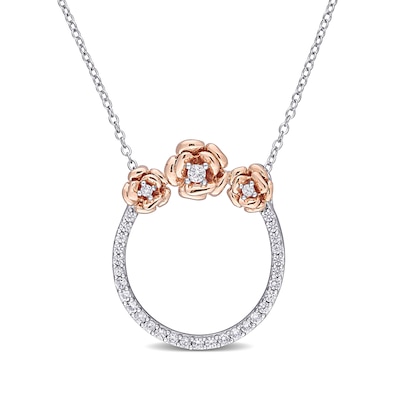 Lab-Created White Sapphire Flower Trio Circle Necklace in Sterling Silver and Rose Rhodium