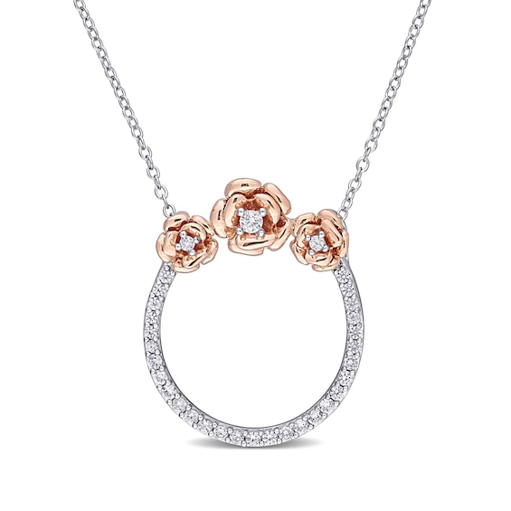 Lab-Created White Sapphire Flower Trio Circle Necklace in Sterling Silver and Rose Rhodium