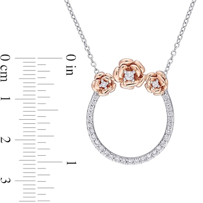 Lab-Created White Sapphire Flower Trio Circle Necklace in Sterling Silver and Rose Rhodium