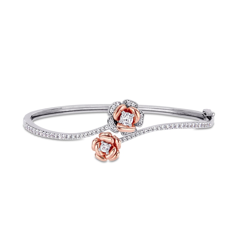 Lab-Created White Sapphire Flower Bypass Bangle in Sterling Silver and Rose Rhodium - 7.5"|Peoples Jewellers