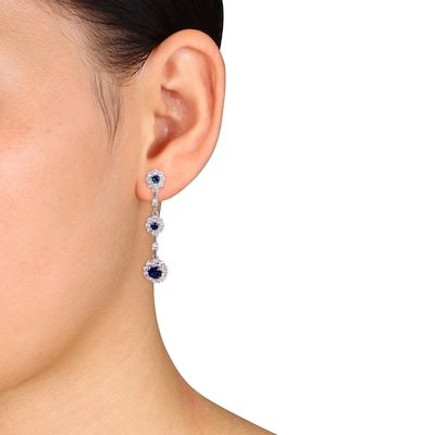 Lab-Created Blue and White Sapphire Frame Graduated Drop Earrings in Sterling Silver