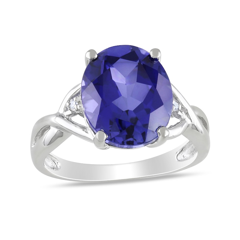 Oval Lab-Created Blue Sapphire and Diamond Accent Criss-Cross Split Shank Ring in Sterling Silver|Peoples Jewellers
