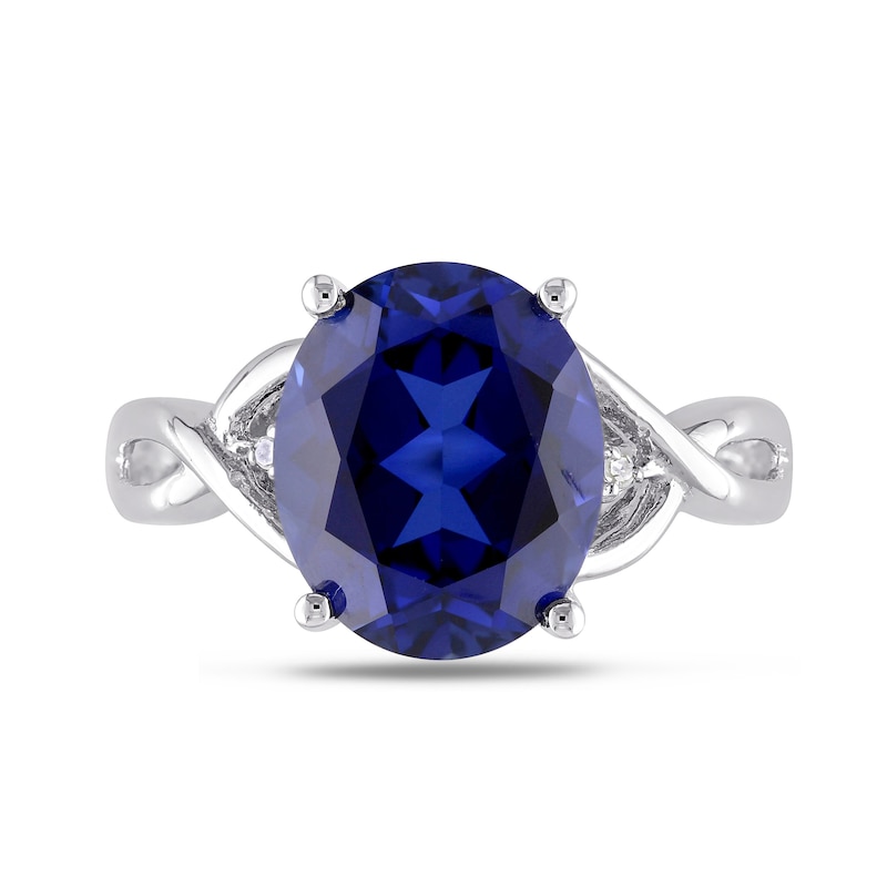 Oval Lab-Created Blue Sapphire and Diamond Accent Criss-Cross Split Shank Ring in Sterling Silver|Peoples Jewellers