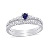 Thumbnail Image 0 of Lab-Created Blue and White Sapphire and 0.11 CT. T.W. Diamond Three Stone Bridal Set in Sterling Silver