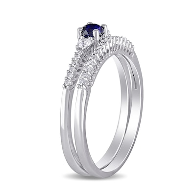 Lab-Created Blue and White Sapphire and 0.11 CT. T.W. Diamond Three Stone Bridal Set in Sterling Silver